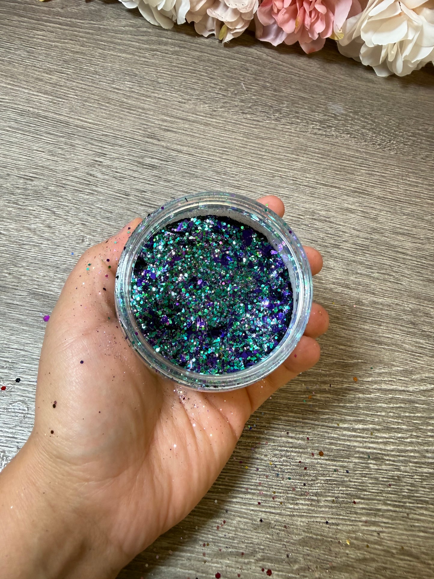 Handgemixter Glitzer-Mix Türkis Lila Holo – Unikat