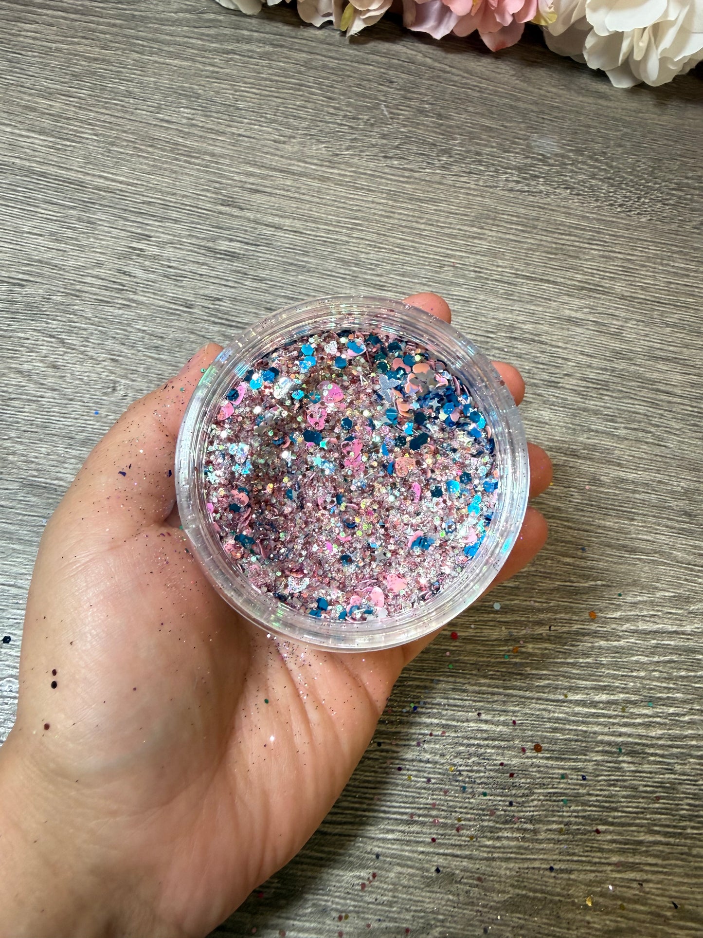 Handgemixter Glitzer-Mix Rosa Blau Silber Holo – Unikat