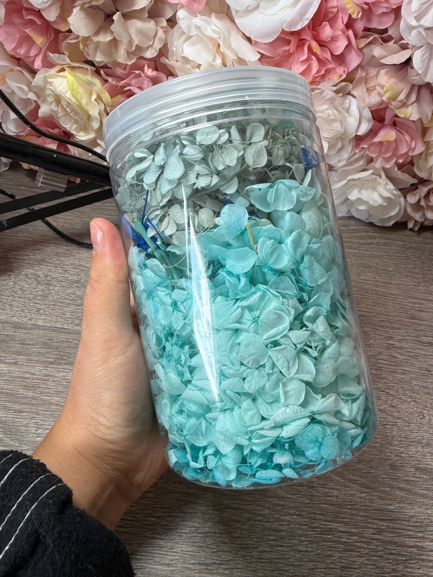 Große Dose Trockenhortensien Türkis – prall gefüllt – Resin Deko