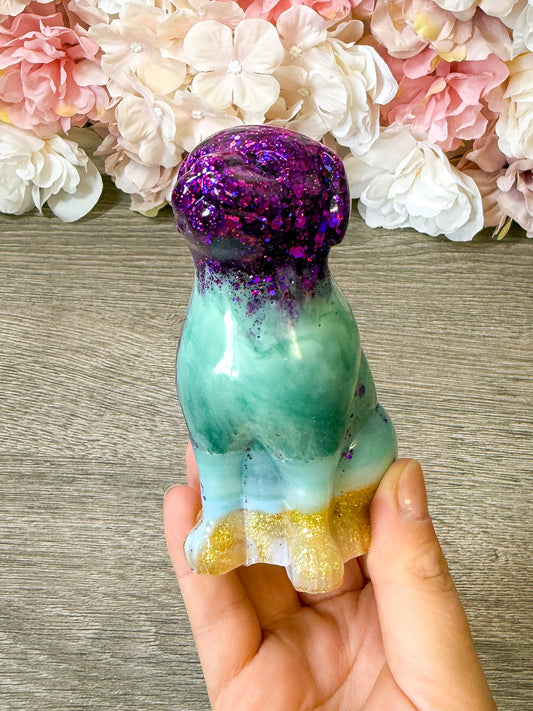 Handgefertigte Hunde Figur aus Resin Grün/lila – süße Deko & Geschenkidee