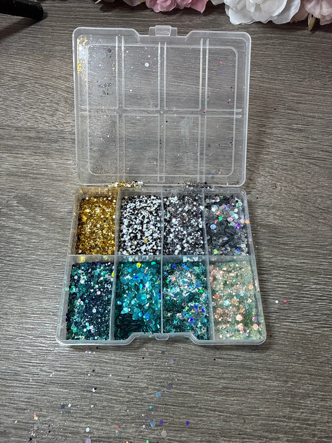 Glitter-Palette Gold, Silber & Petrol – 8 große Fächer – selbst zusammengestellt