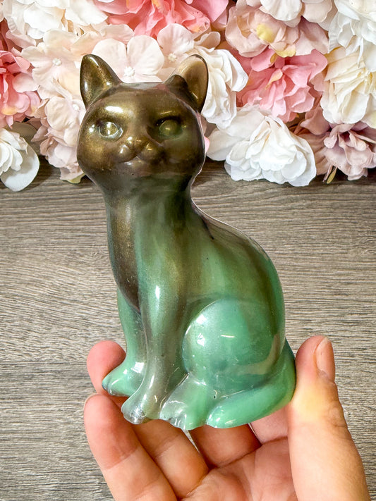 Handgefertigte Katzen Figur aus Resin Grün – süße Deko & Geschenkidee