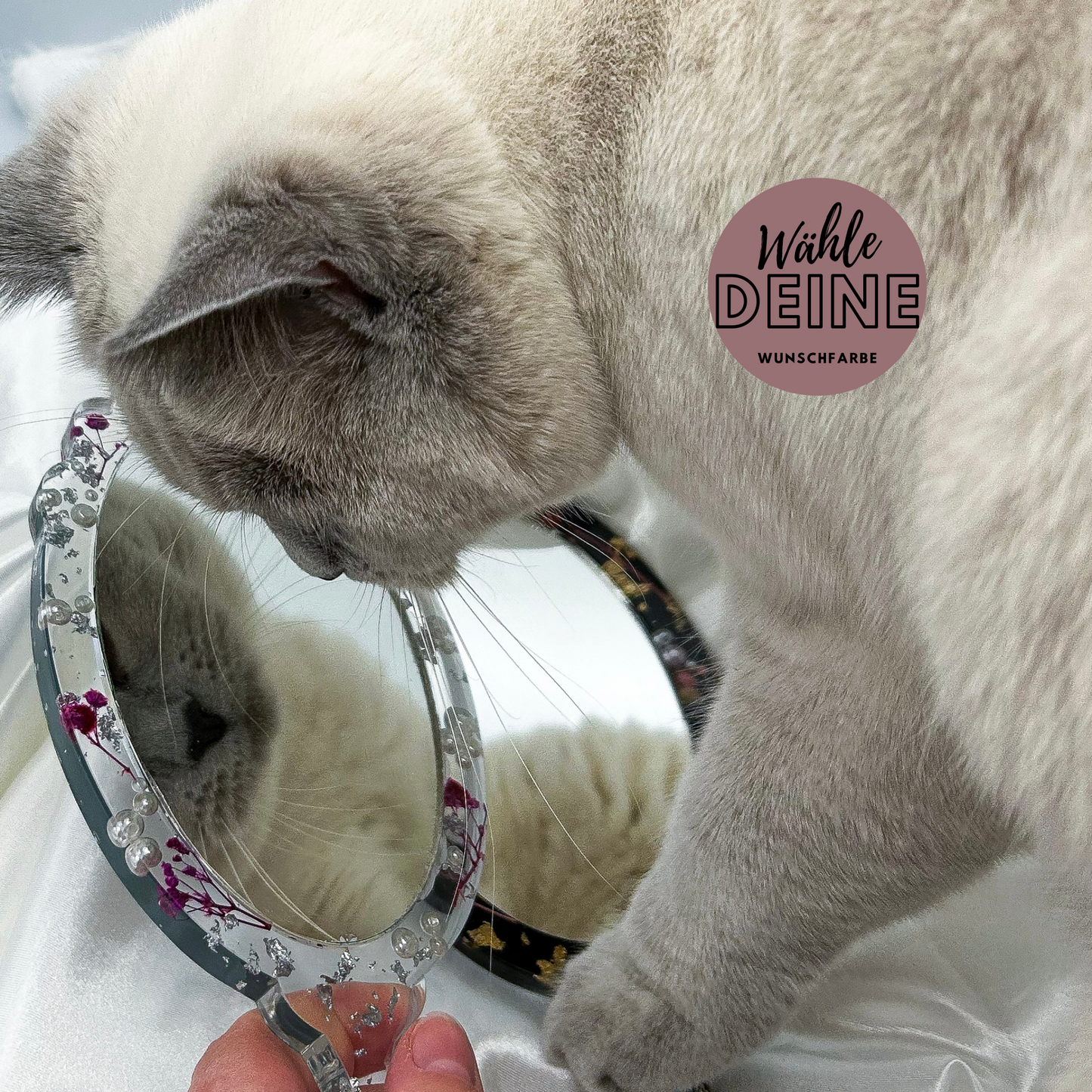 Handspiegel mit echtem Schleierkraut und Perlen in deiner Wunschfarbe