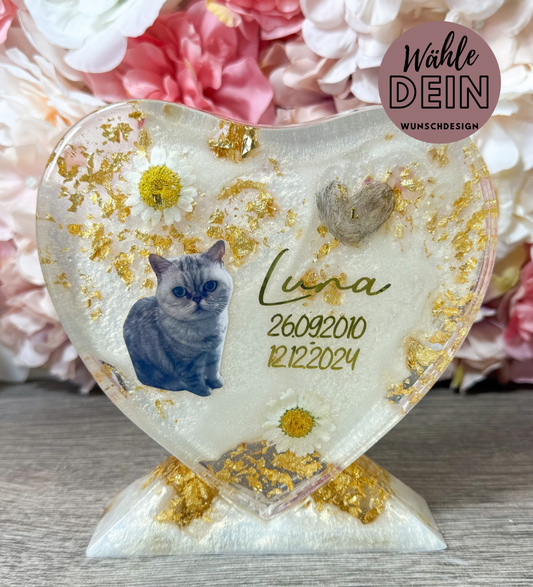 Erinnerungsstück Herz personalisiert – Andenken mit Foto, Namen, Daten oder auch Tierfell aus Resin