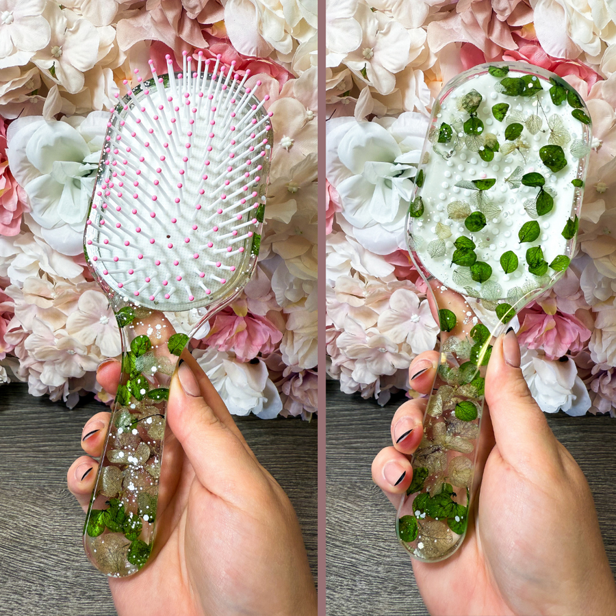 Haarbürste mit echten Hortensien in verschiedenen Designs