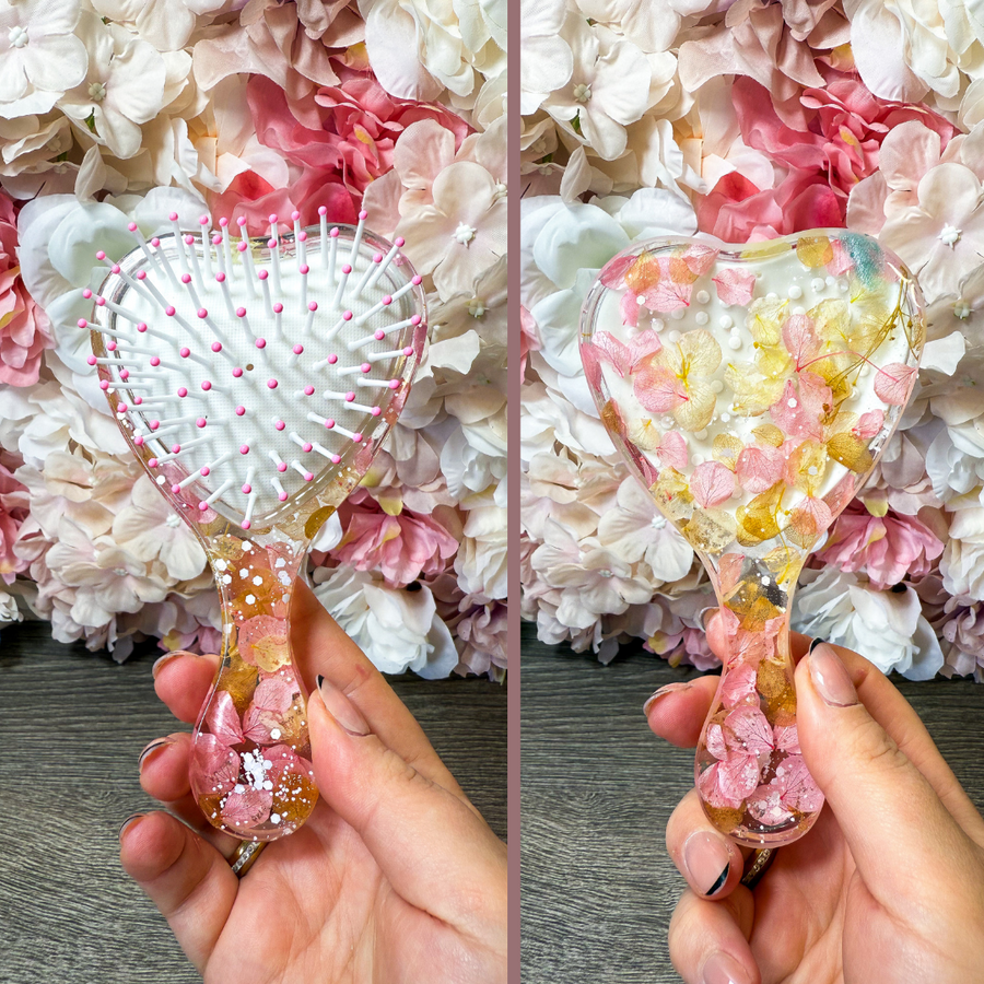 Haarbürste mit echten Hortensien in verschiedenen Designs