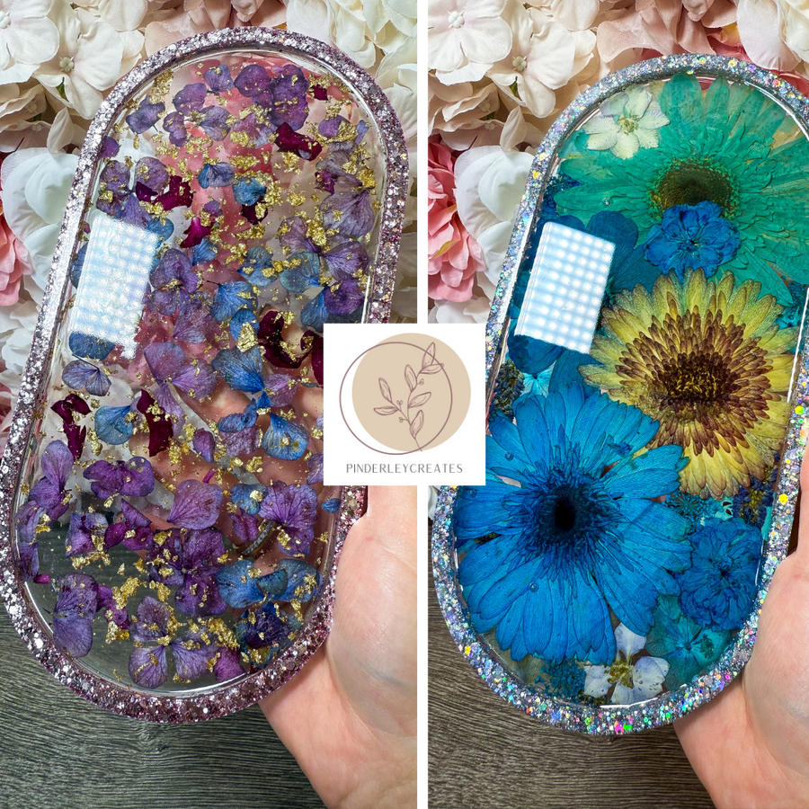 Großes Tablett mit Blumen in verschiedenen Designs