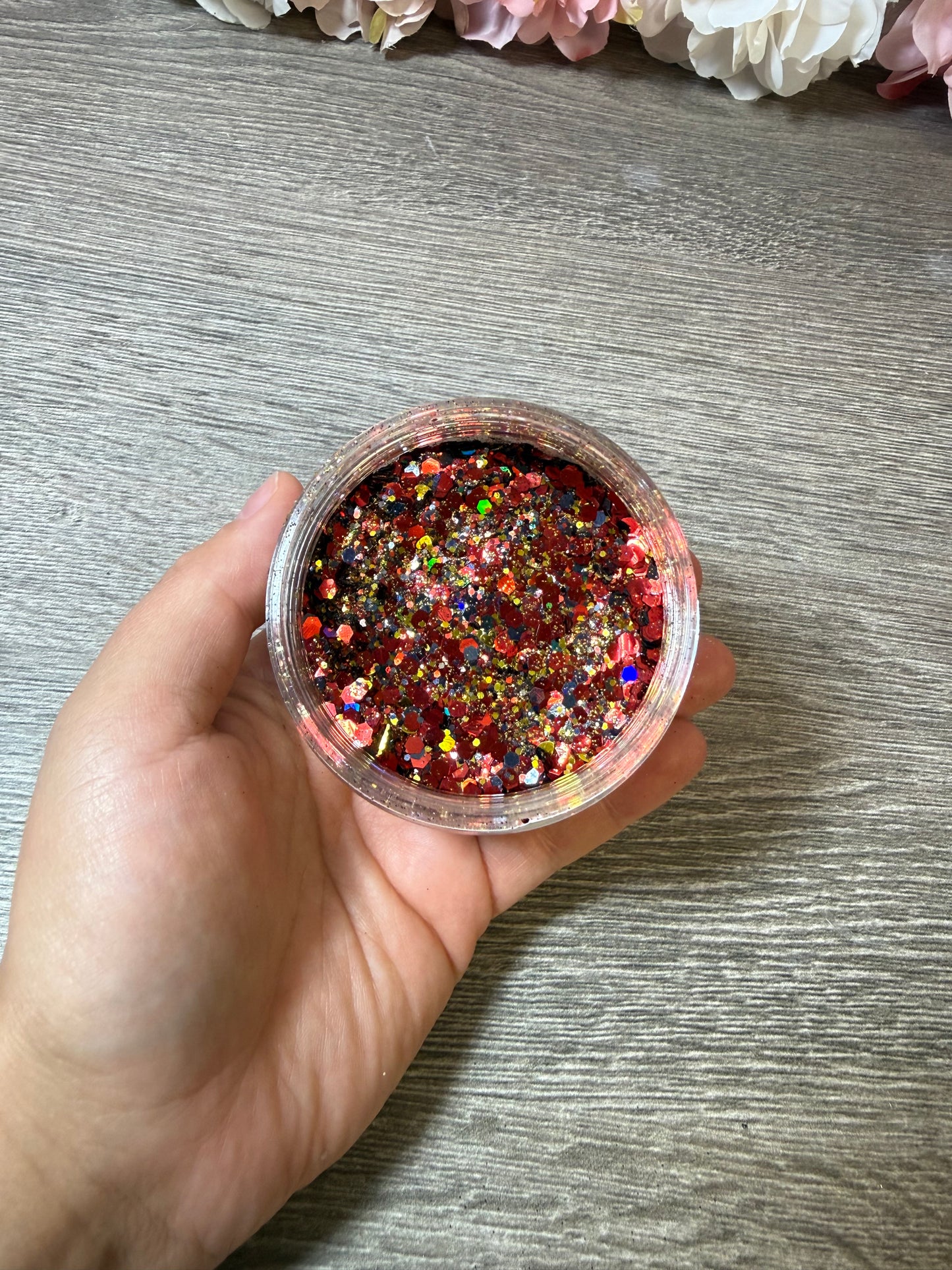 Handgemixter Glitzer-Mix Rubin Rot Gold Holo – Unikat