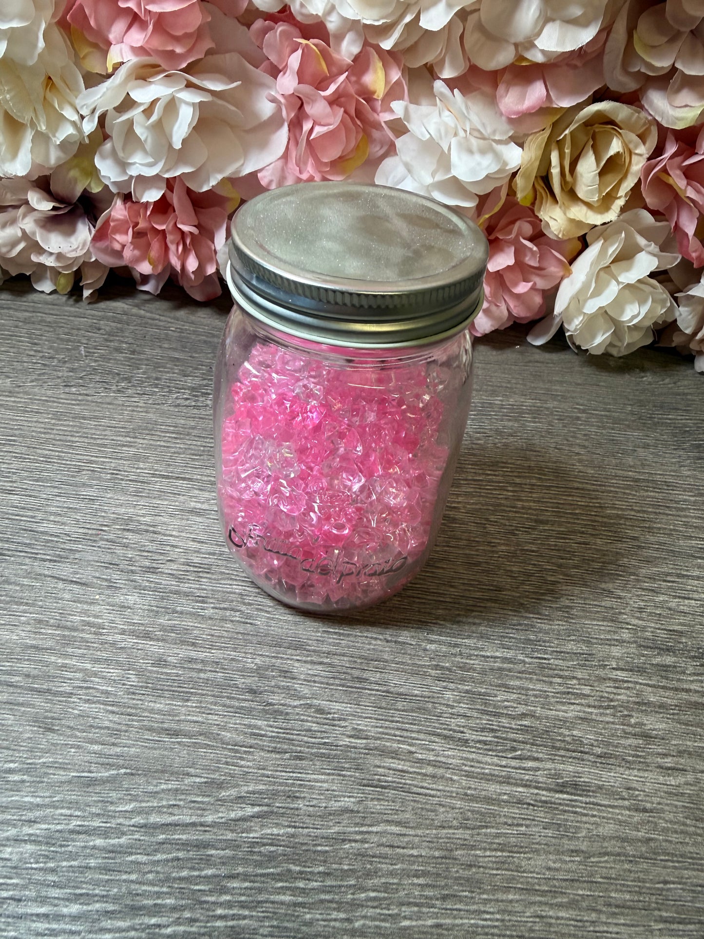 Großes Einmachglas mit rosa Fake Kristallen Deko Basteln