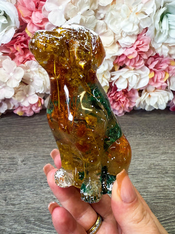 Figur Hund mit echten Blüten "Blau und Orange"