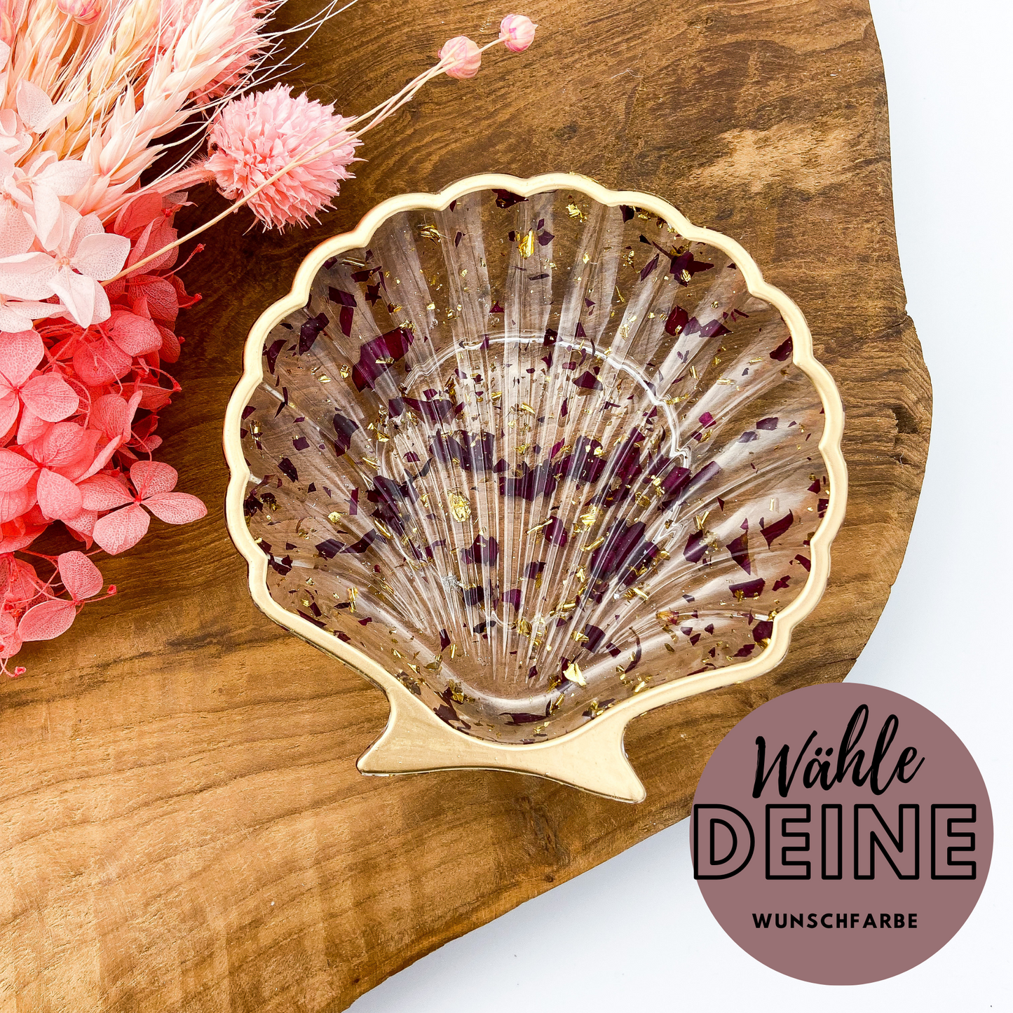 Seifenschale / Ringschale / Schmuckschale Muschel mit echten Rosenblättern