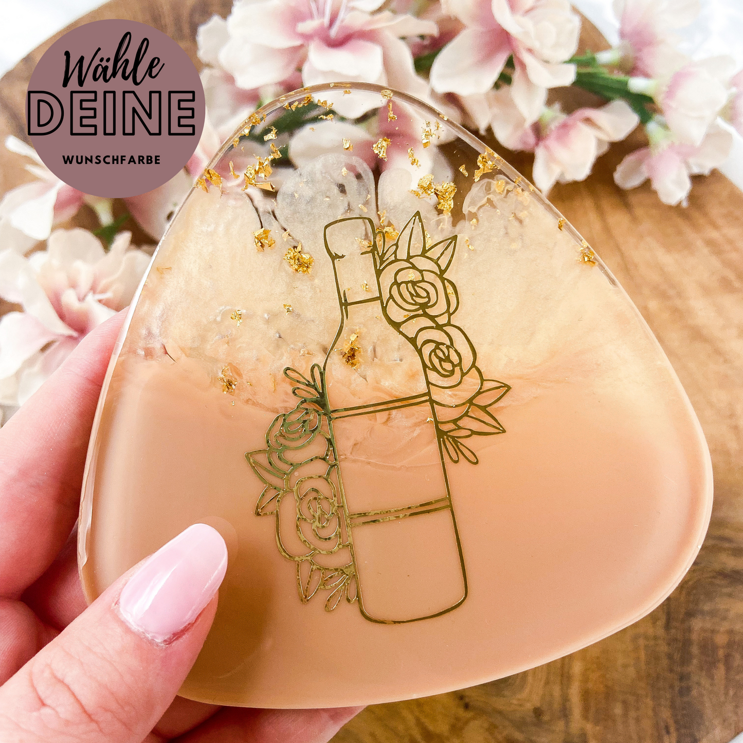 Glas Untersetzer aus Resin "Florale Flasche" in  deiner Wunschfarbe