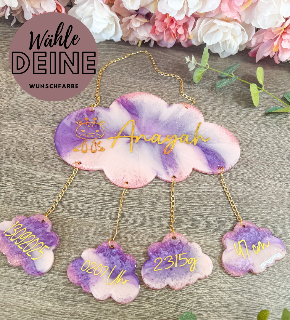 Personalisierte Babywolke mit Namen – handgefertigte Geburtswolke aus Resin mit Geburtsdaten (Wanddekoration Baby)
